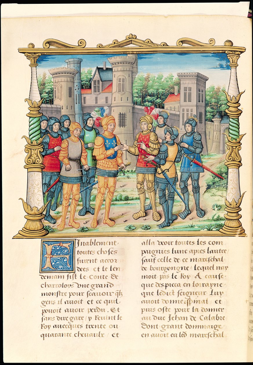 Ms 18 f.32v Conflansova smlouva mezi Ludvíkem XI a Karlem Smělým, vévodou burgundským, říjen 1465, z Pamětí Filipa z Commines (1445-1509) od French School