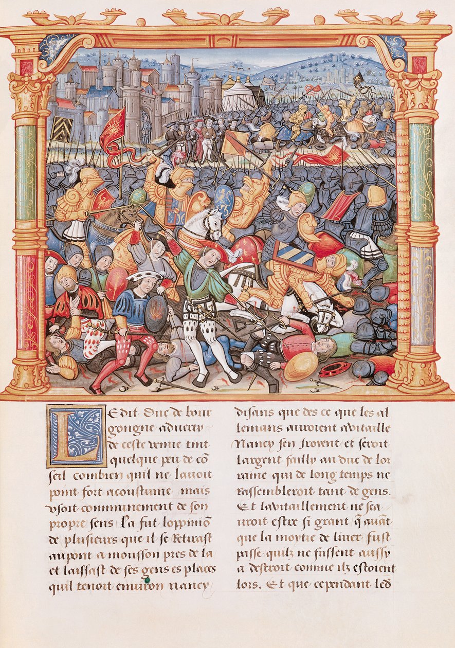 Ms 18 fol.150r Bitva u Nancy v roce 1477, z Memoires de Philippe de Commines od French School