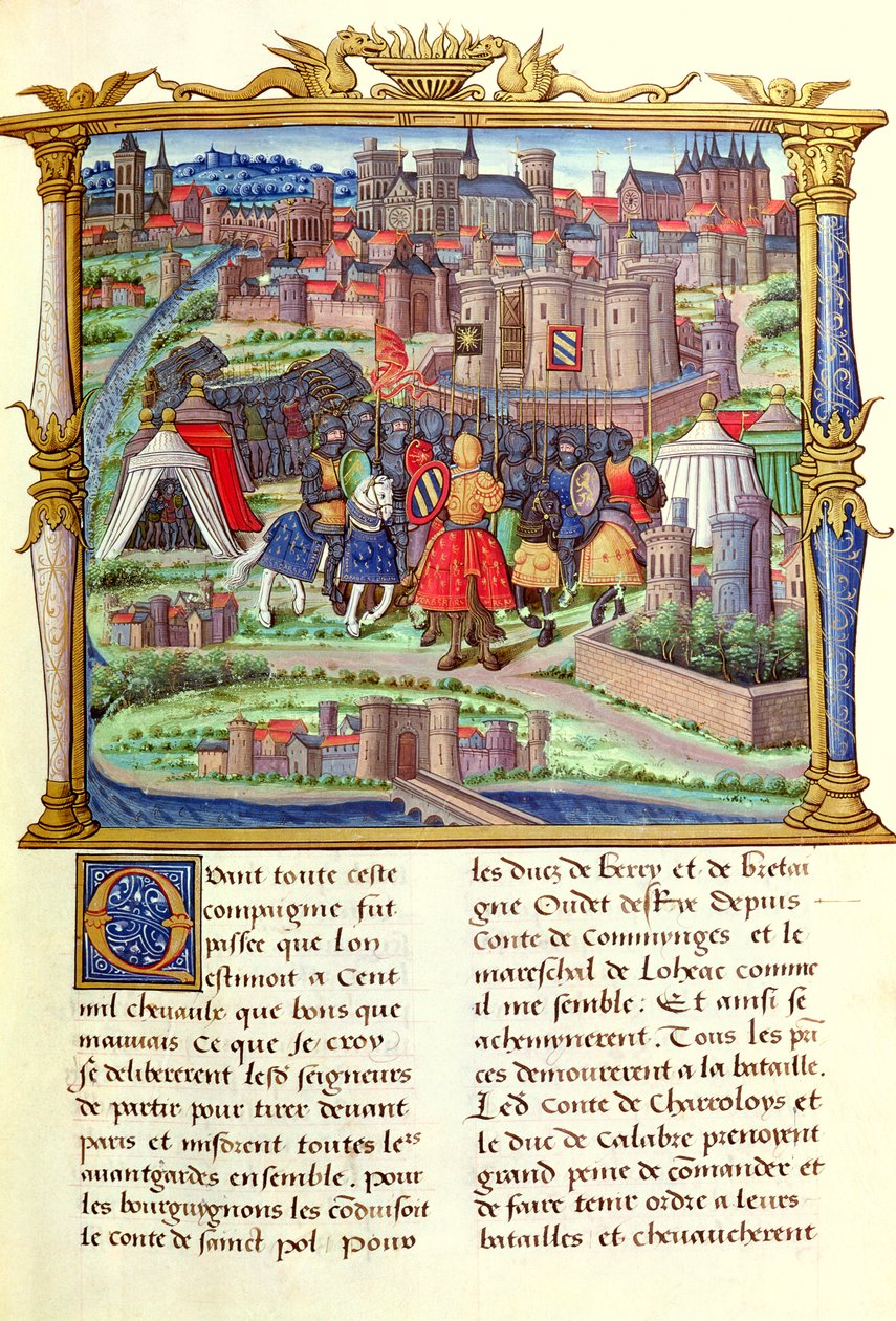 Ms 18 fol. 19r Příjezd hraběte z Charolais a jeho armády do obležení Paříže, z Memoires de Philippe de Comminnes, 1489-98 od French School