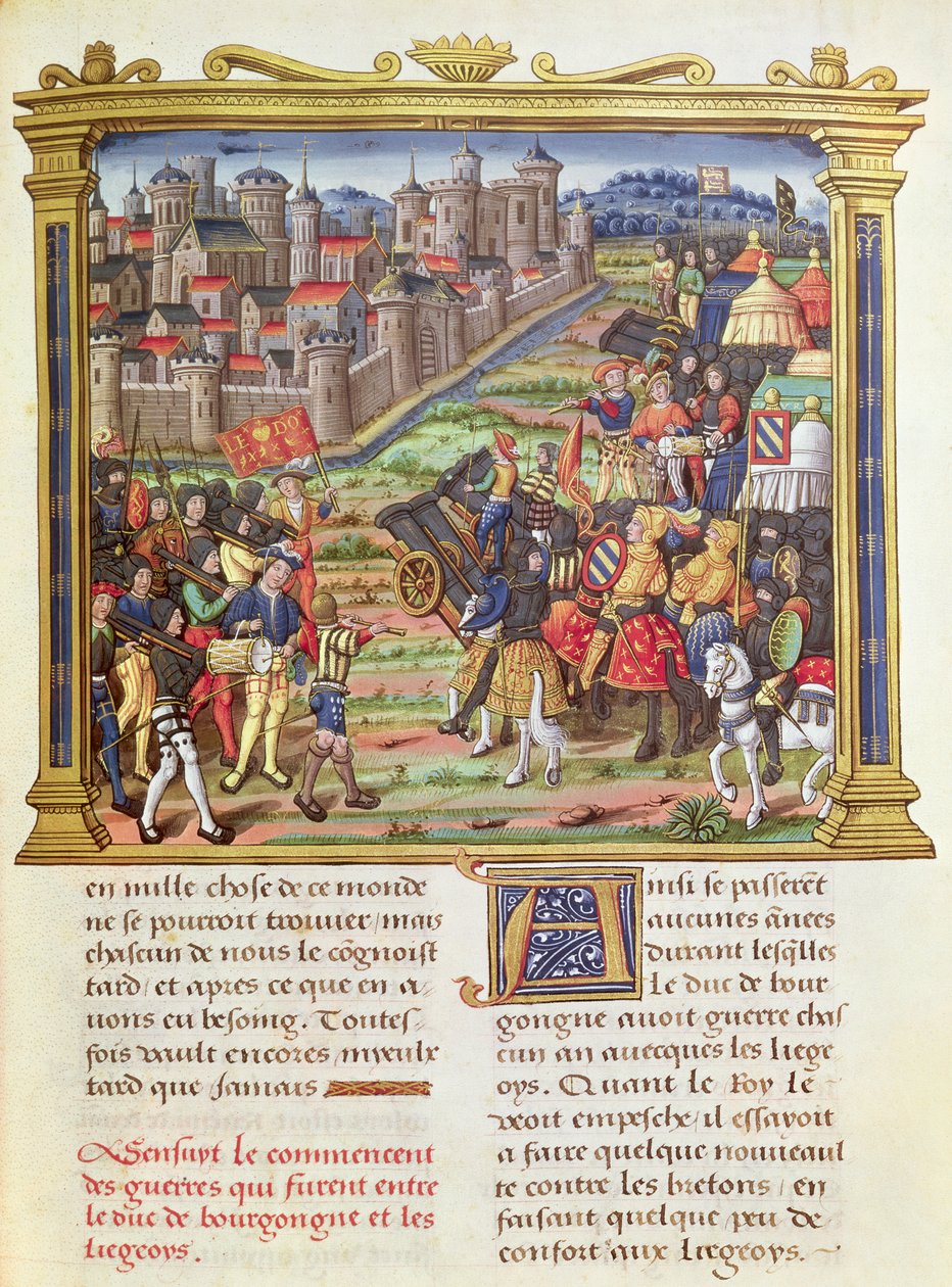 Ms 18 fol.36r Válka mezi Karlem Smělým, vévodou burgundským a Lutychem v letech 1467-68, z Pamětí Filipa z Commines (1445-1509) od French School