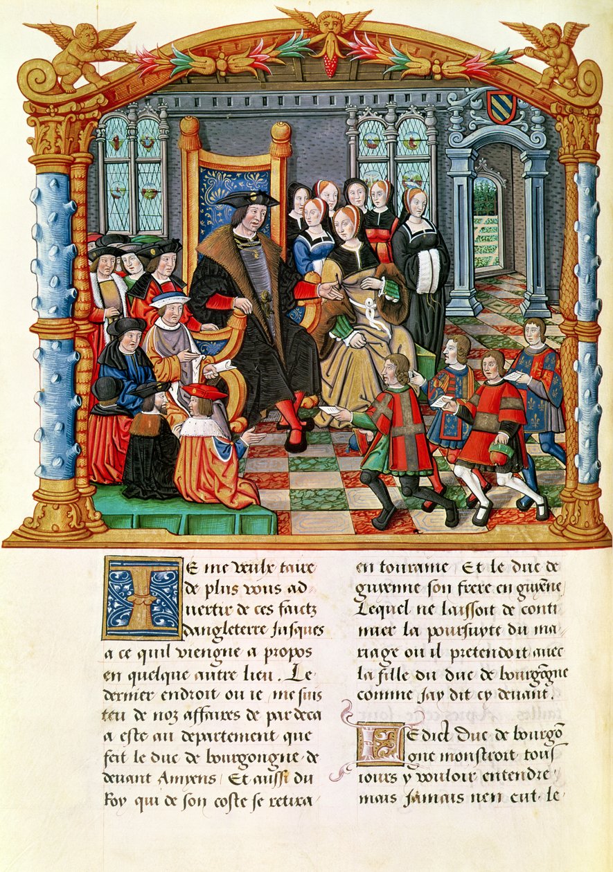 Ms 18 fol.84v Charles the Bold, vévoda z Burgundska, přijímající vyslance z Francie a Guyenne, z Memoirs Philippe of Commines (1445-1509) od French School