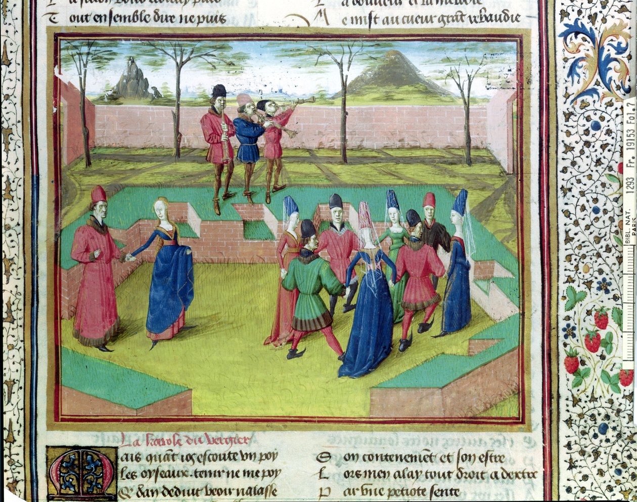 Ms 19153 f.7 Carole in the Orchard, ilustrace z Le Roman de la Rose od Jean de Meung, kolem 1460 od French School