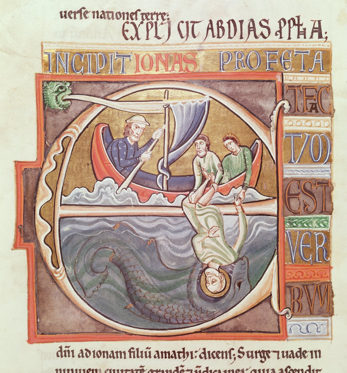 Ms 1 Fol.196v Historizovaná iniciála E s vyobrazením Jonáše vrženého do moře, ze Souvignyho bible, konec 12. stol. od French School