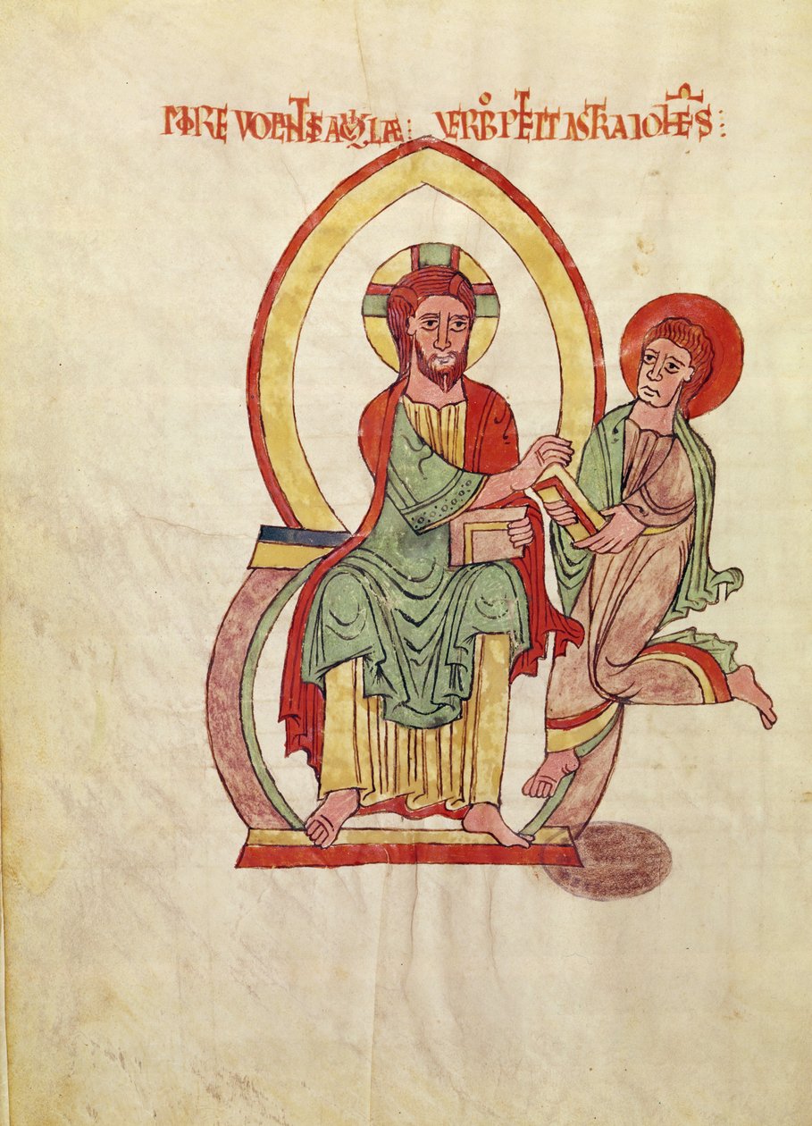Paní 1 Fol 111v Svatý Jan běží přijmout evangelium od Krista, sedí v mandorle, miniatura z evangelia Saint-Michel-de-Cuxa, kolem 1070-1130 od French School