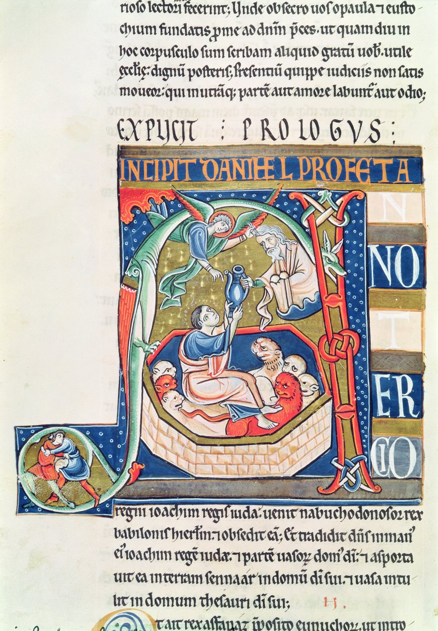 Ms 1 fol. 185v Historická iniciála A zobrazující Daniela ve Lví jámě, ze Souvigny Bible od French School