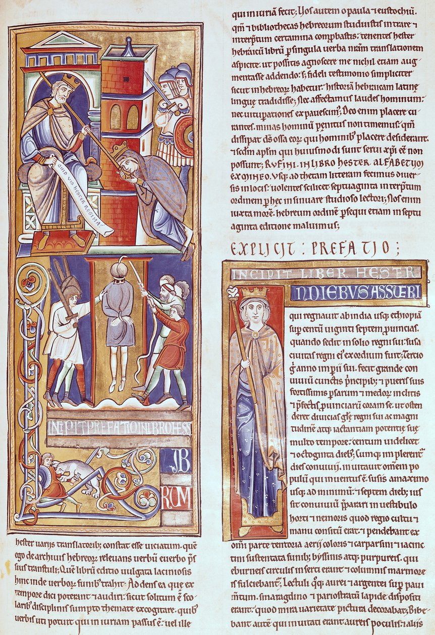 Ms 1 fol.284r Ester a Ahasver a Hamanovo oběšení, ze Souvigny Bible od French School
