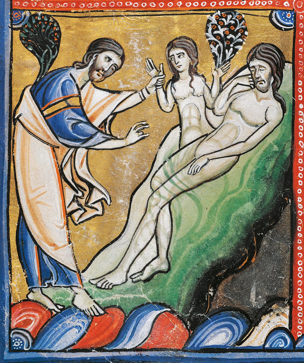 Ms 1 fol.4v Stvoření Evy z Adamova žebra, detail z Bible Souvigny (vellum) od French School