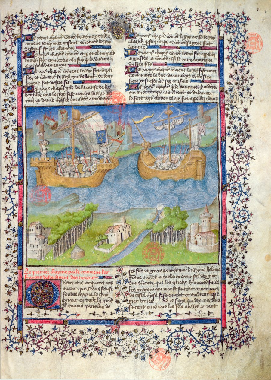 Ms 2028 fol. 2 Trojský původ francouzského národa z Grandes Chroniques de France od French School
