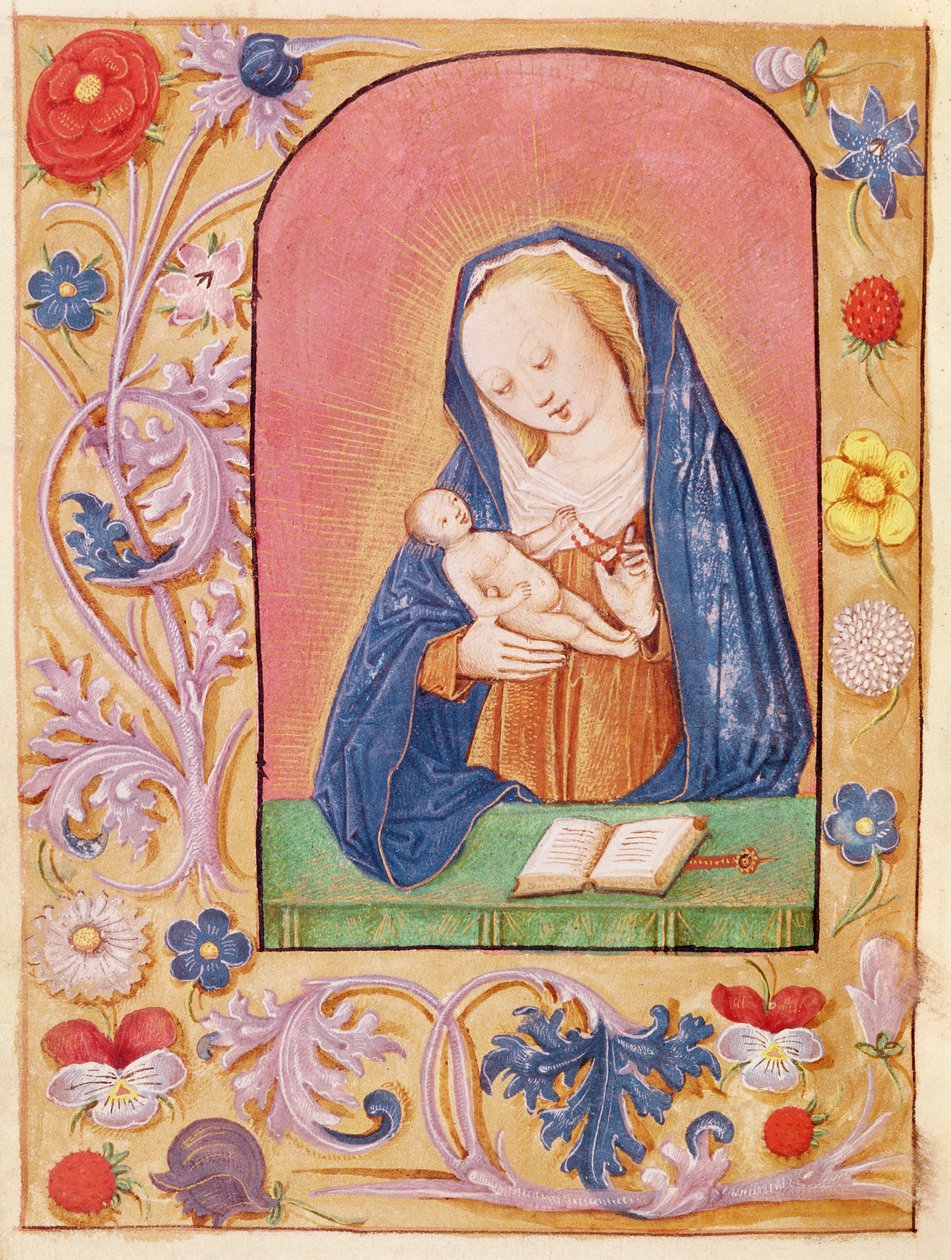Ms 20 fol.42v Panna s dítětem hrajícím si s růžencem, z Knihy hodin, počátek 15. století od French School