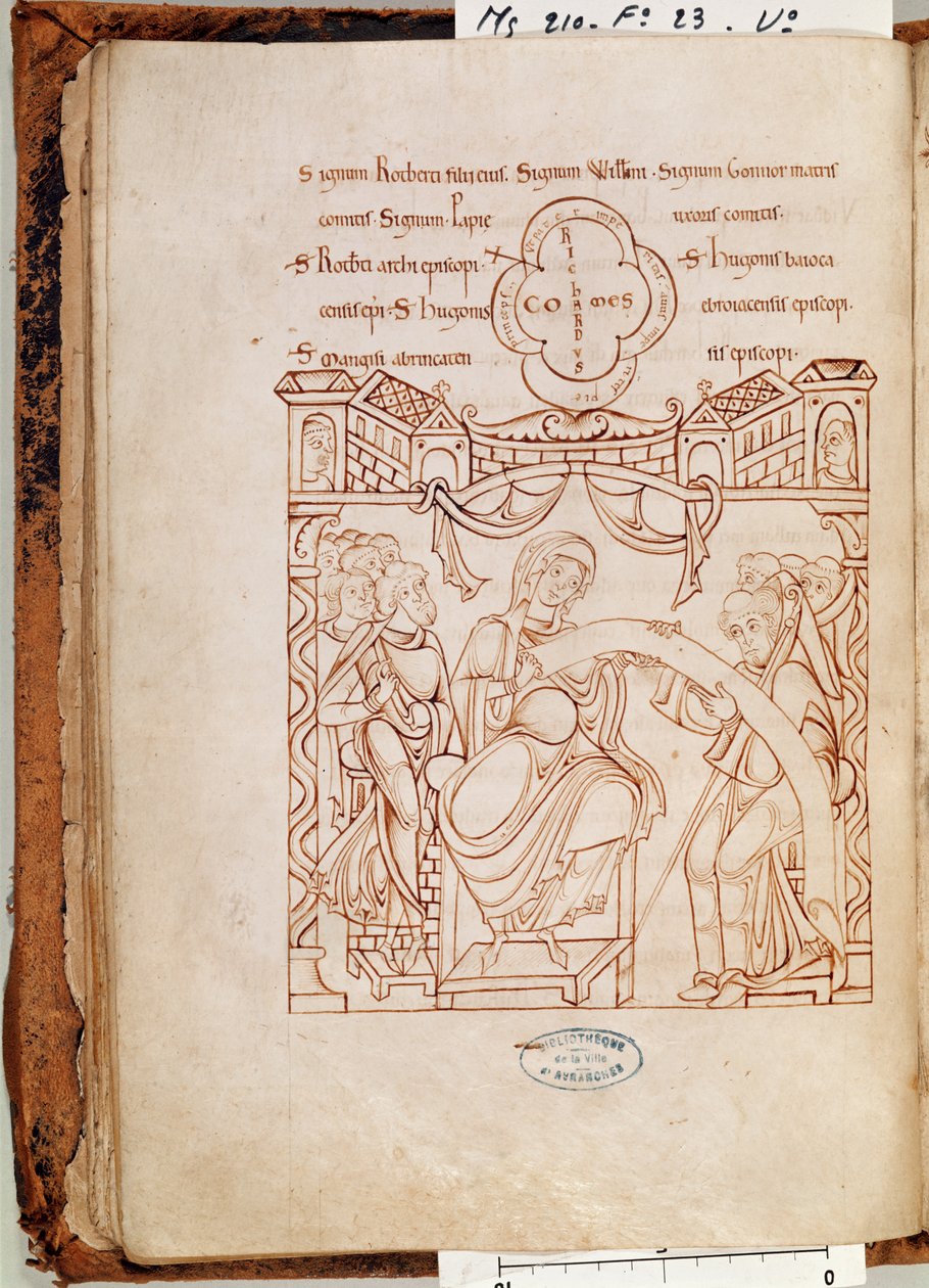 Ms 210 fol.23v Dar Gonnor, vévodkyně z Normandie, klášteru Mont Saint-Michel, z Cartulaire de Mont-Saint-Michel, 1150 od French School