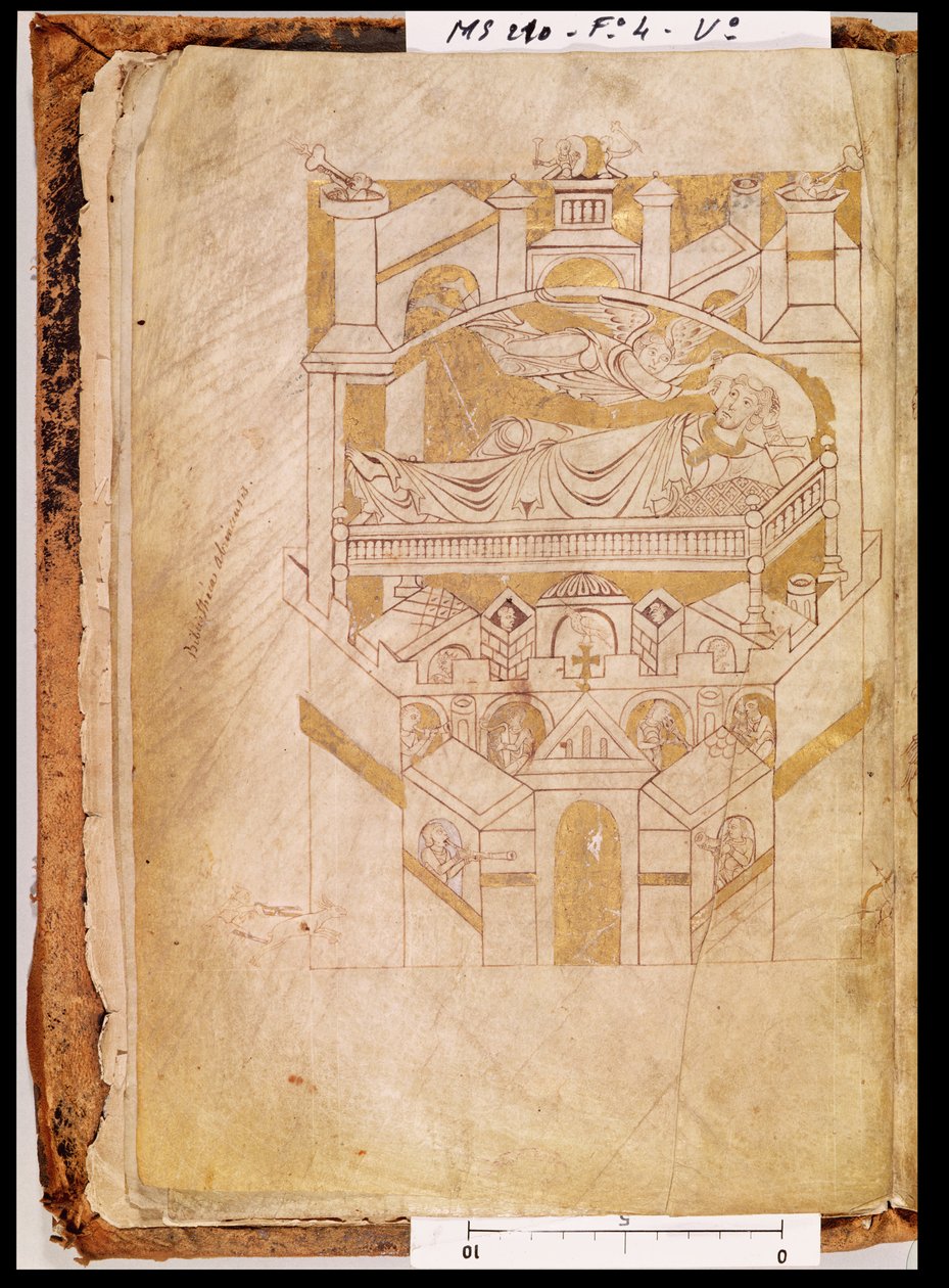 Ms 210 fol. 4v The Vision of Saint Aubert, from Cartulaire de Mont-Saint-Michel, 1150s od French School