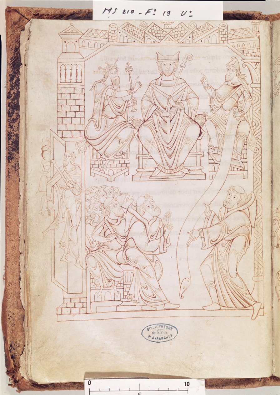 Ms 210 fol 19v. Cartulary of Mont Saint-Michel: Normandský vévoda Richard II. daroval pozemky a výsady klášteru Mont St. Michel, 50. léta 11. století od French School