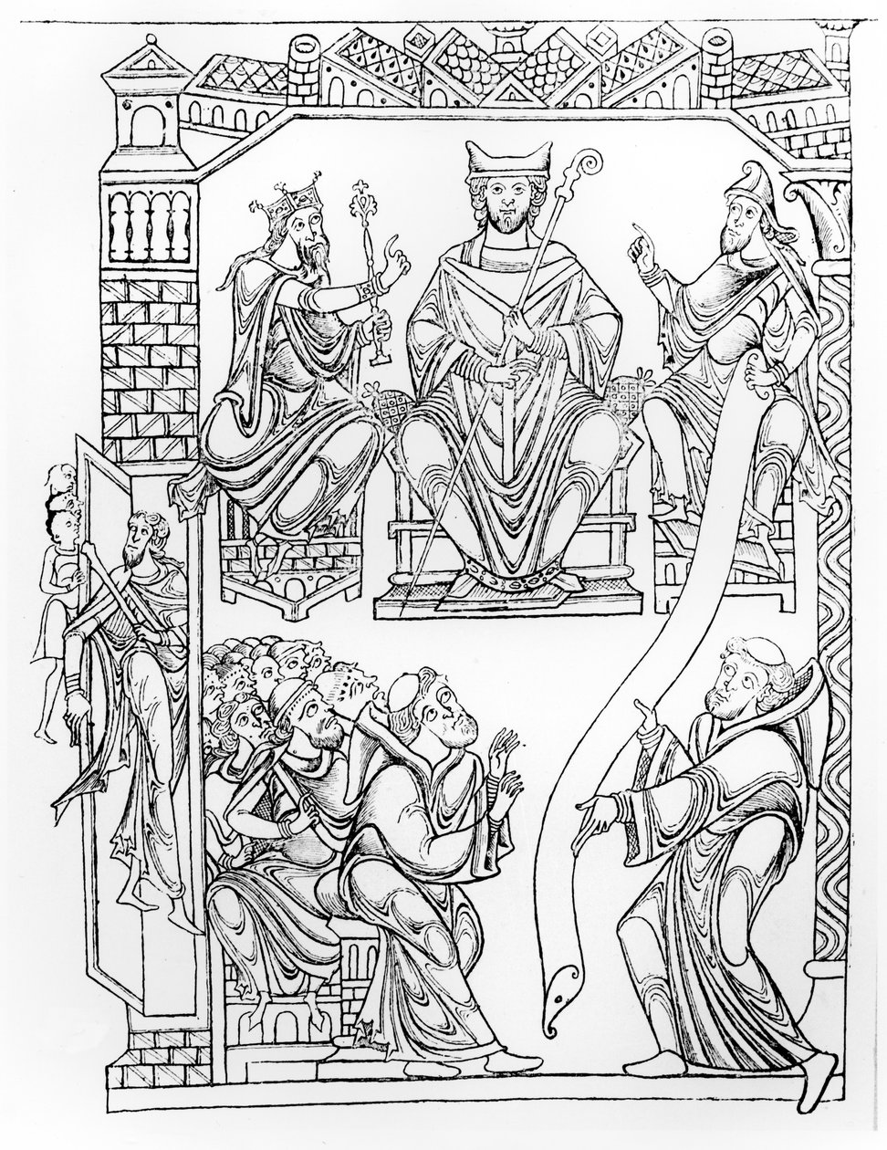Ms 210 fol 19v. Cartulary of Mont Saint-Michel: Vévoda Richard II. z Normandie daruje pozemky a výsady klášteru Mont St. Michel, (rytina podle kresby z 50. let 12. století) od French School