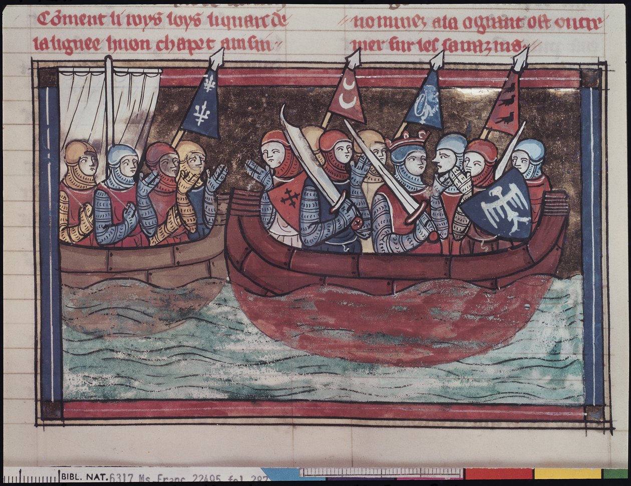 Ms 22495 fol.287 Nalodění do zahraničí, z Le Roman de Godefroi de Bouillon, 1337 od French School
