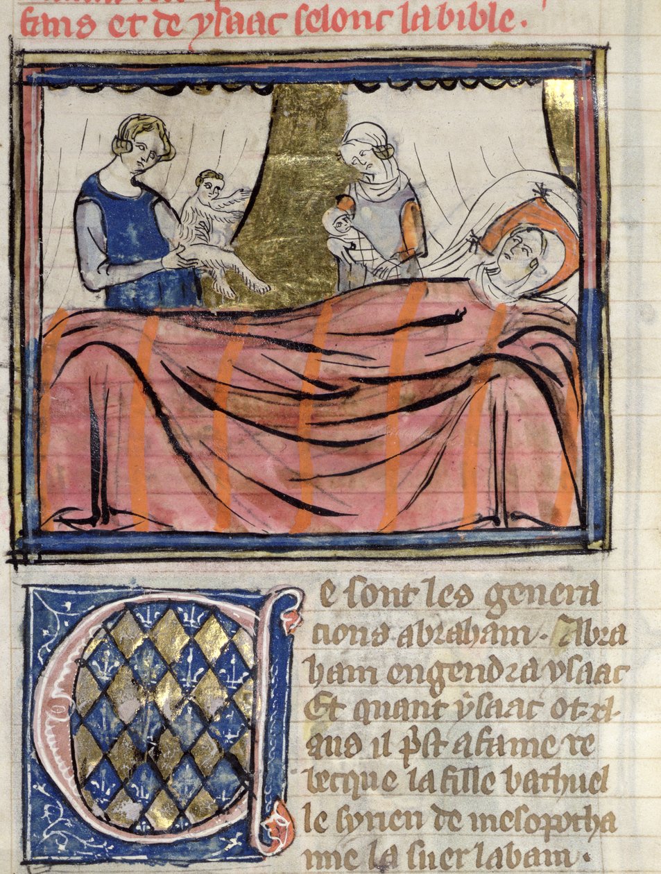 Ms 22 fol. 30 Narození dvojčat Jacoba a Ezaua, miniatura z Bible Historiale od Guiarta des Moulins od French School