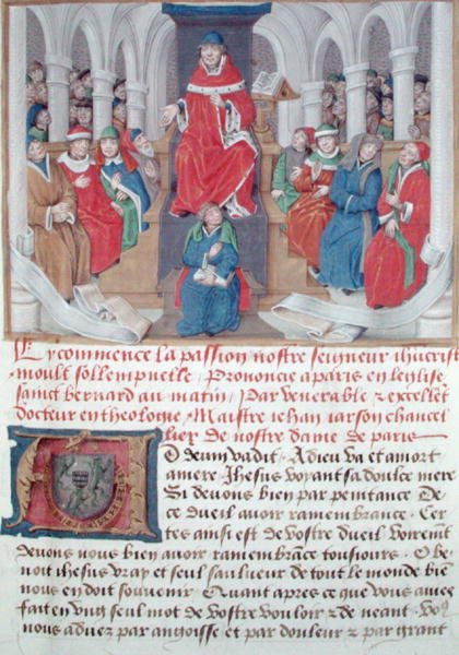 Ms 230 fol.1 Jean de Gerson (1363-1429) káže ráno pašije v kostele sv. Bernarda v Paříži, z Sermons sur la Passion et Traites Divers, kolem 1480 od French School