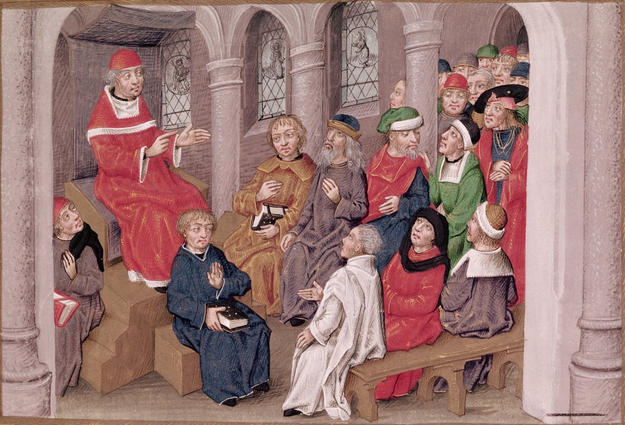 Ms 230 fol.25 Jean de Gerson (1363-1429) kázání o pašijích po večeři v kostele svatého Bernarda v Paříži, z knihy Sermons sur la Passion et Traites Divers, asi 1480. od French School
