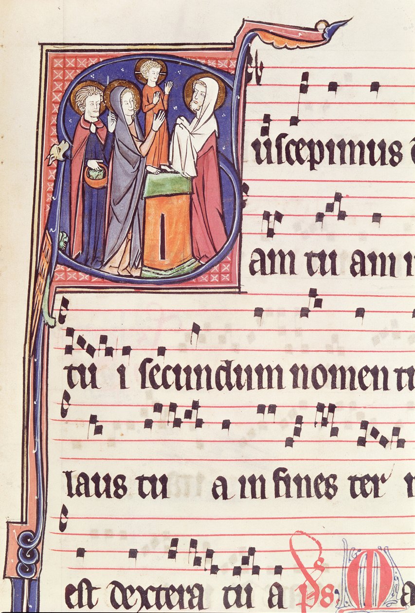 Ms 241 f.144 Historizovaná iniciála S s vyobrazením Obětování Ježíše v chrámu z antifonáře k vysvěcení opatského kostela ve Vauclairu, 1257. od French School