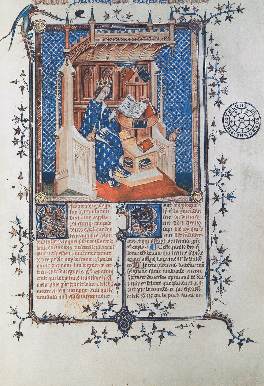 Ms 24287 fol. 2. Karel V., moudrý, král francouzský, od Jana ze Salisbury, Polycraticus, přeložil Denis Foulechatis, kolem roku 1372 (vellum) od French School