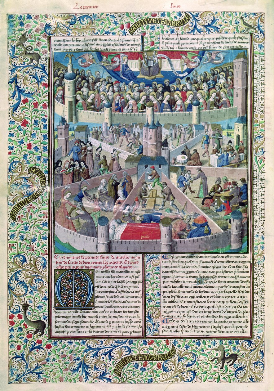 Ms 246 fol.3v Neřesti a ctnosti na Zemi, z De Civitate Dei od sv. Augustina z Hippo (354-430) od French School