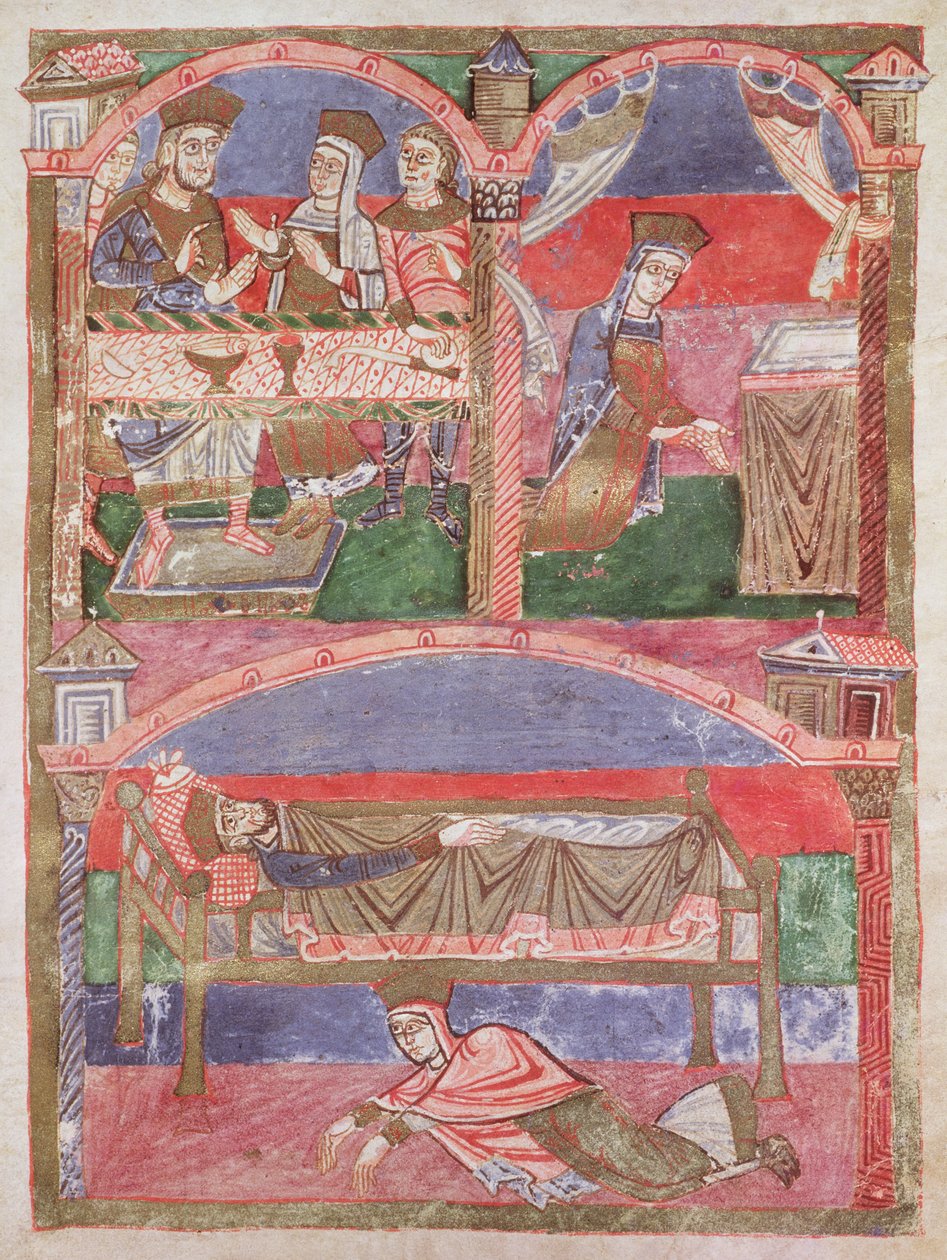 Ms 250 f.24r St. Radegund (518-87) u stolu Clothar I (497-561), v její oratoriu a u nohou královského lože, ze Života svatého Radegunda od French School