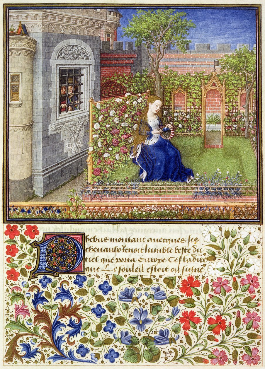 Paní 2617 Emilia ve své zahradě, deska 22, z La Teseida, od Giovanniho Boccaccia (1313-75), 1340-41 od French School