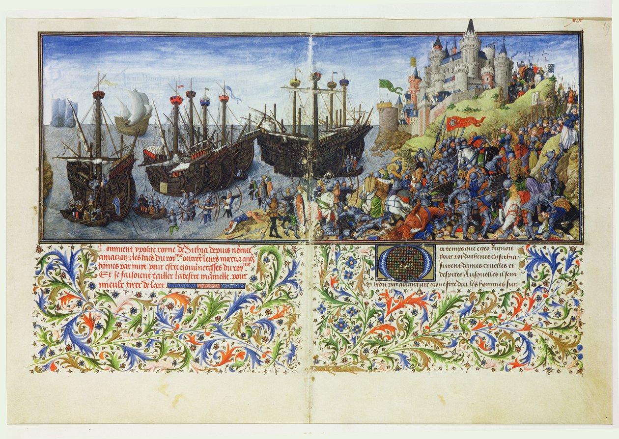 Paní 2617 Hrad Amazonek je obléhán Theseem, vévodou z Atén, z La Teseida, Giovannim Boccacciem (1313-75) 1340-41 od French School
