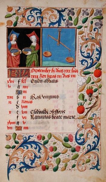 Kalendář Ms 2697 na měsíc září, z „Heures de Notre Dame“ (vellum) od French School