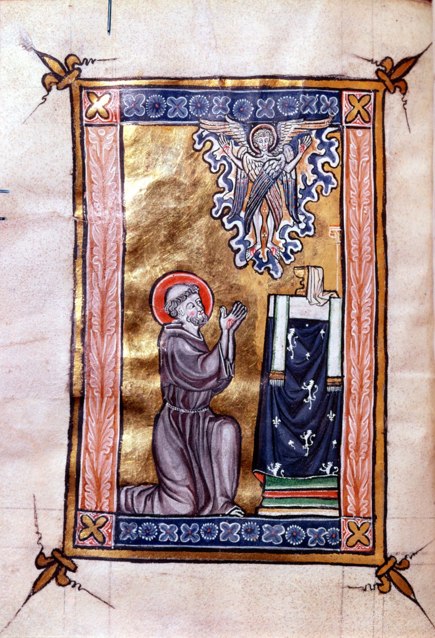 Ms 280 Svatý František z Assisi přijímá stigmata od Krista v podobě serafína, z žaltáře, kolem roku 1270 od French School
