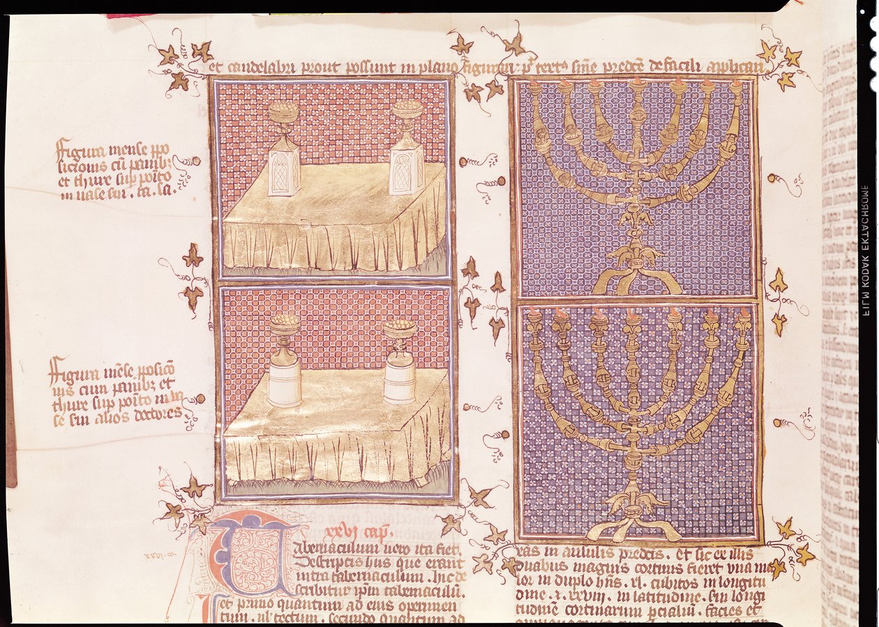 Ms 290 Tome 1 f.89v Obětní stůl a menora, z knihy Postilles sur la Bible od Nicolase de Lyre. od French School