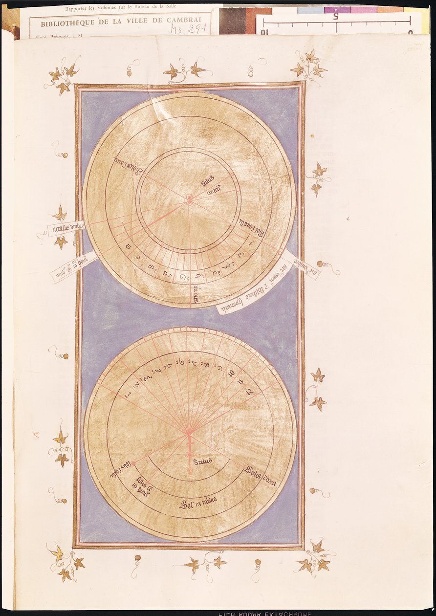 Ms 291 Tome 2 fol.297r Sluneční hodiny zázraku Ezechiáše, z „Postilles sur la Bible“ od Nicolase de Lyre (1270-1349) od French School