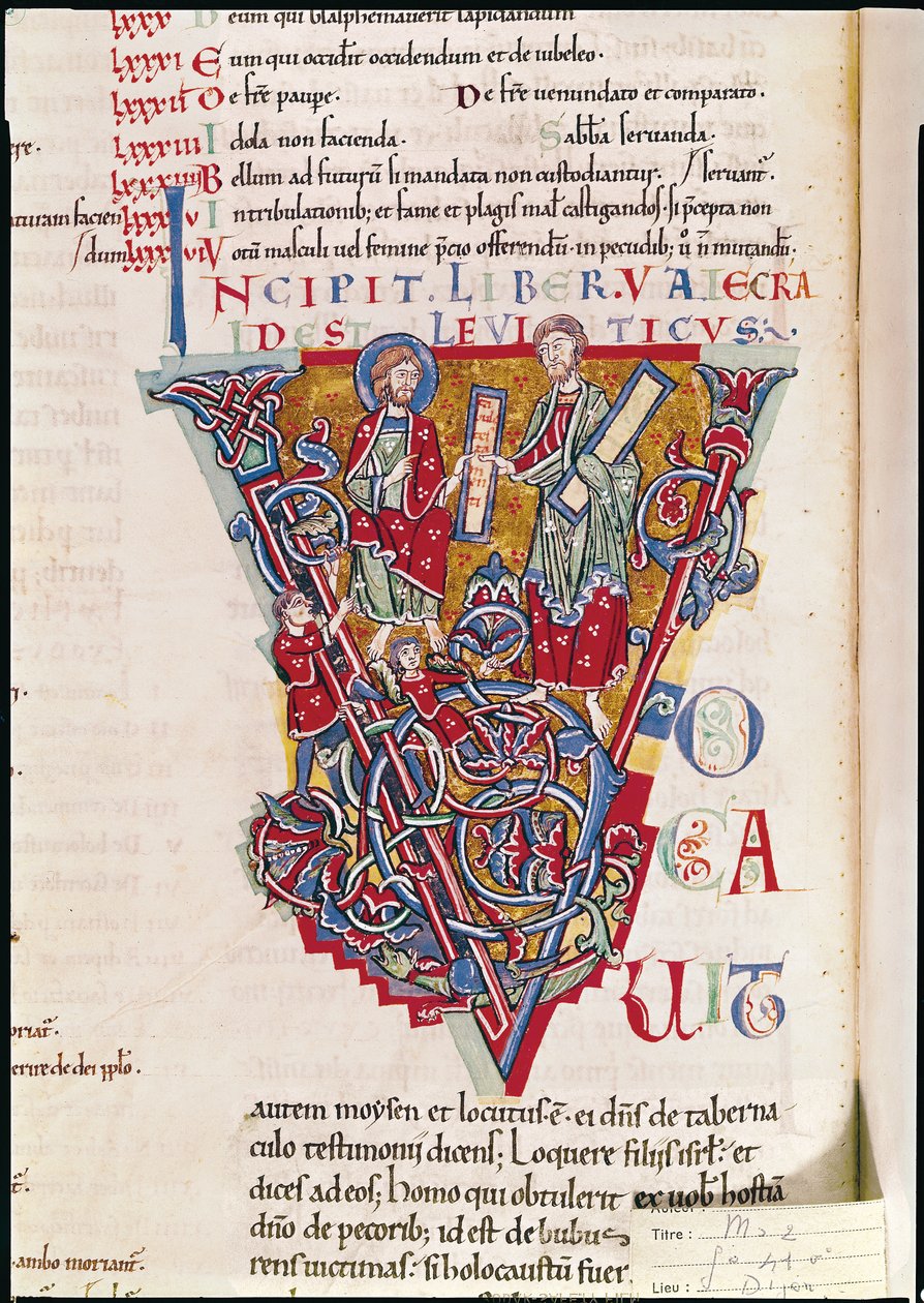 Ms 2 fol. 41v Historická iniciála V zobrazující scénu z Knihy Leviticus, z Bible St. Benigne od French School