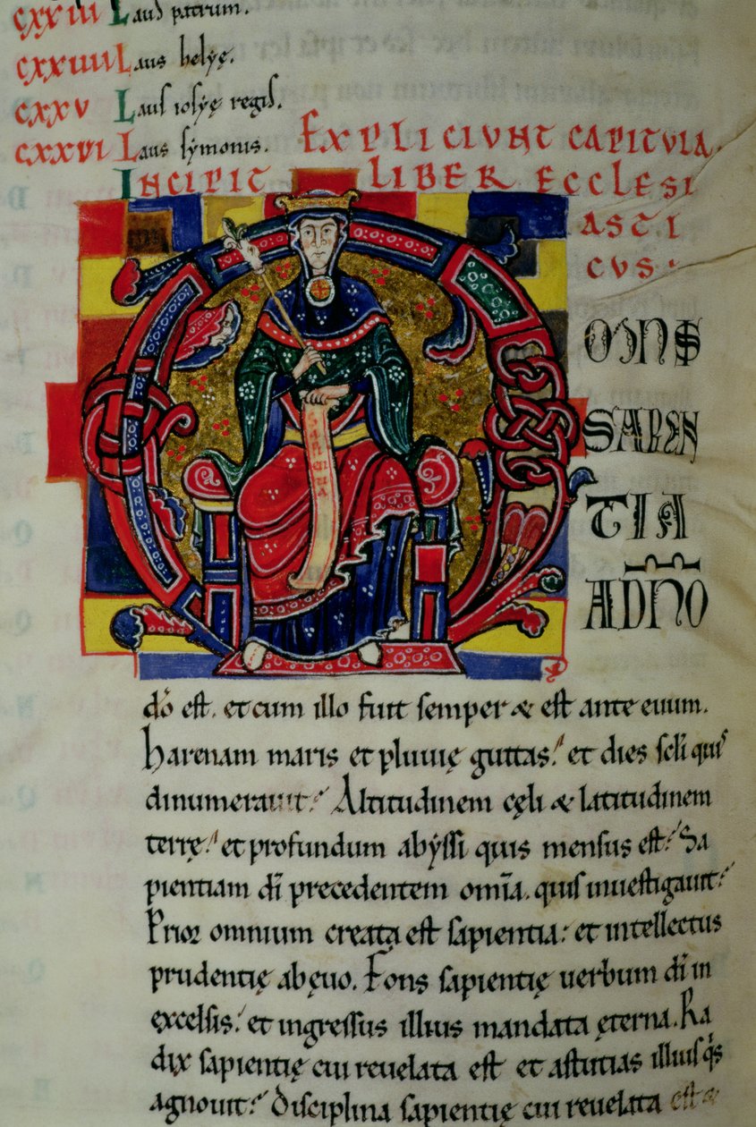 Ms 2 fol.8 Historická iniciála O zobrazující postavu Moudrosti, z Bible sv. od French School