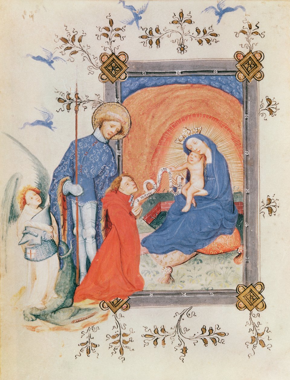 Ms 3024 fol.12v Panna s dítětem s klečícím mužem a sv. Jiří, z Knihy hodin od French School