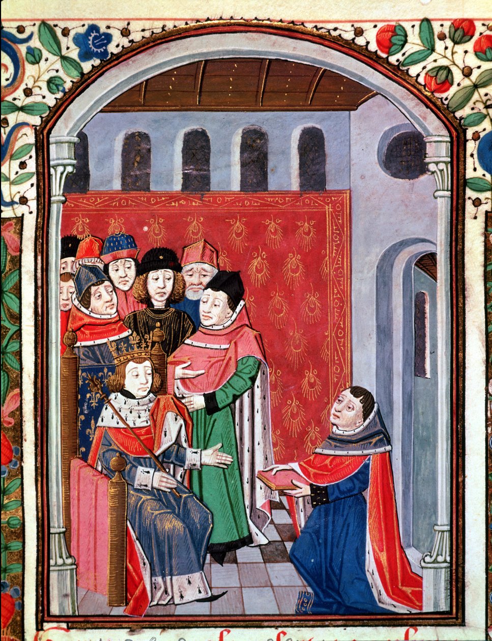 Ms 3045 fol.1 Jean de Meung (1240-1305) nabízí Filipovi le Bel (1268-1314) svůj překlad Boetiovy knihy De Consolatione Philosophiae. od French School