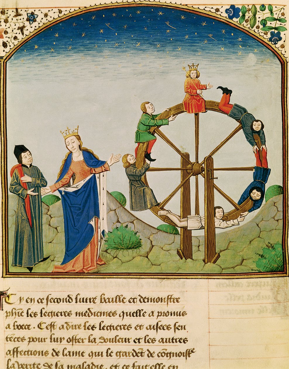 Ms 3045 fol.22v Boethius s kolem štěstí, z knihy De Consolatione Philosophiae, překlad Jean de Meung od French School