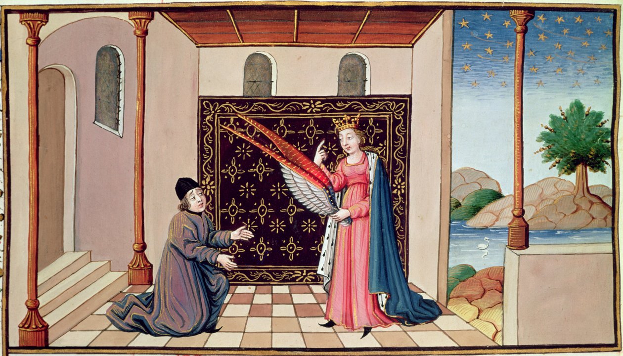 Ms 3045 fol.68v Lady Philosophy nabízí Boethiusovi křídla, která umožní jeho mysli létat do výše od French School