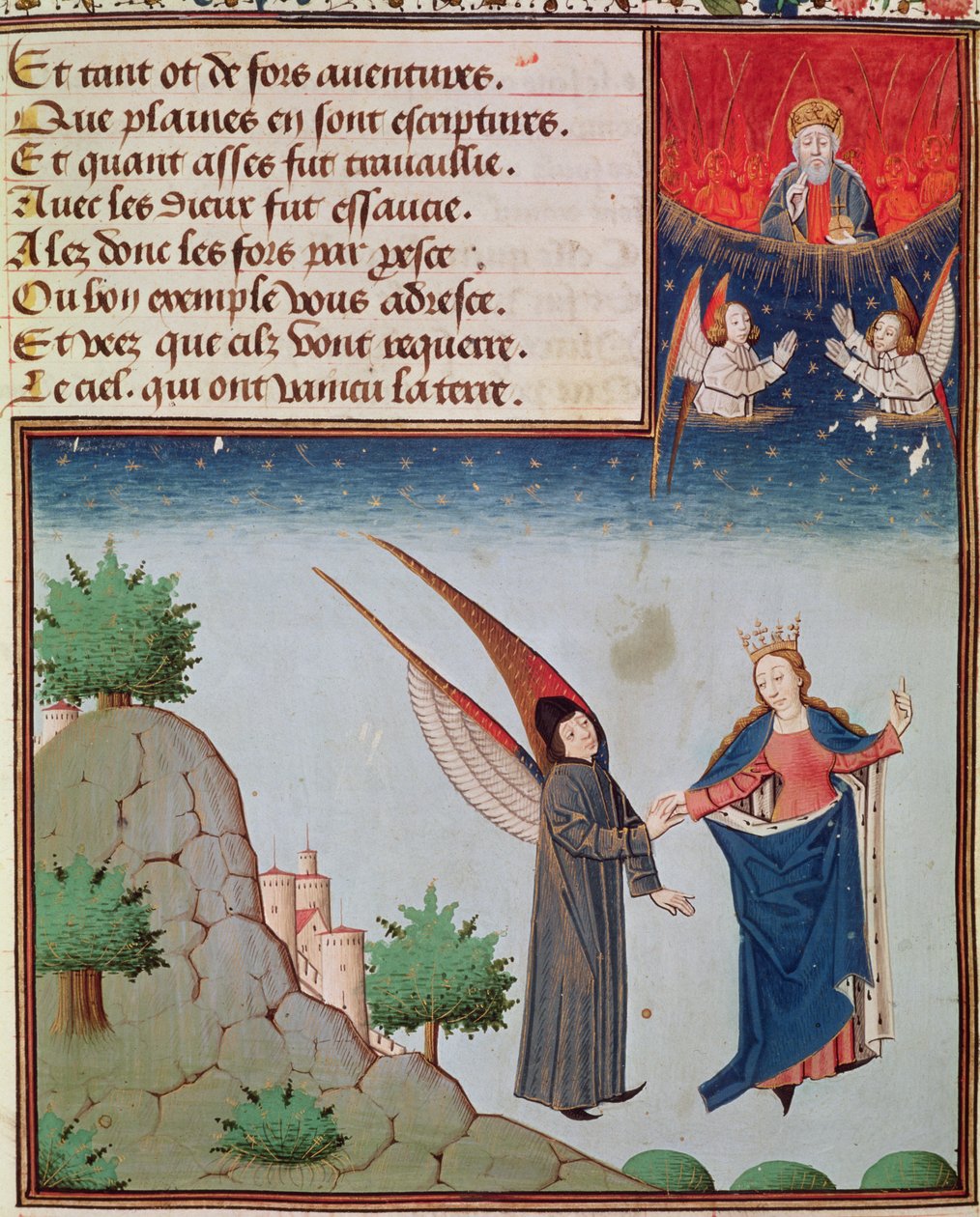 Ms 3045 fol.94r Lady Filosofie vede Boethia v letu do nebe na křídlech, která mu dala; Bůh Otec přihlíží v požehnání od French School