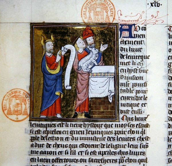 Paní 312 Moses nabízí velikonočního beránka, miniaturu z Bible Historiale Guyarta des Moulins (vellum) od French School