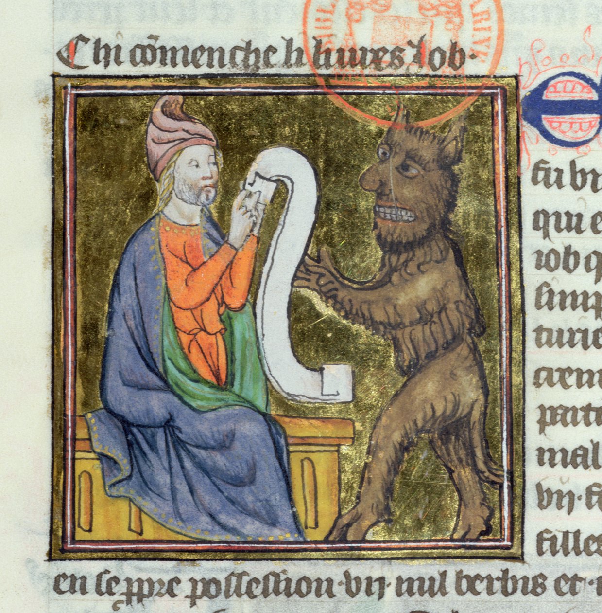 Ms 312 Pokoušení Jóba ďáblem, miniatura z Bible historické Guyarta des Moulins od French School
