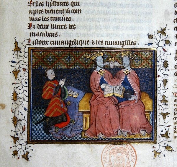 Paní 312 Trojice a klečící postava dárce, miniatura z Bible Historiale Guyart des Moulins (vellum) od French School