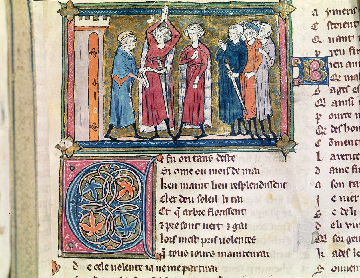 Ms 3142 fol. 179 Výzbroj rytíře, z Recueil de Poesies Francaises, kolem 1280-90 od French School