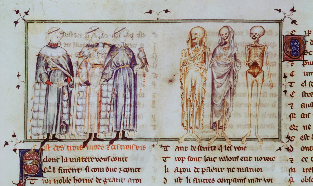 Ms 3142 fol.311r Příběh tří živých mužů a tří mrtvých mužů, z Recueil de Poesies Francaises, c.1280-90 od French School