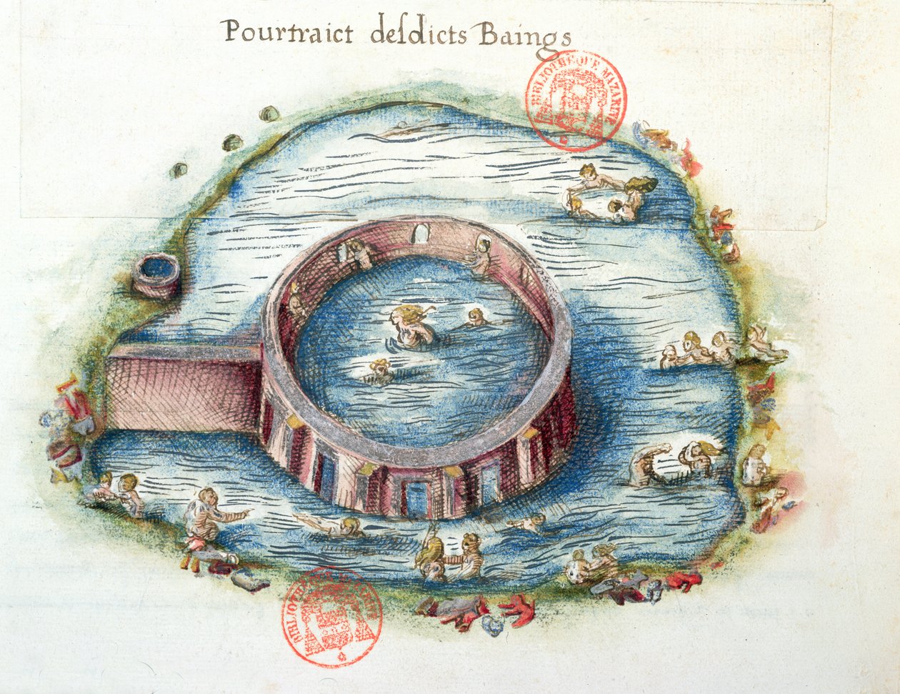 Ms 3242 The Baths of Bourbon-Lancy, ilustrace z Generale Description du Bourbonnais od Nicolase de Nicolay, 1569 (wc na papíře) od French School