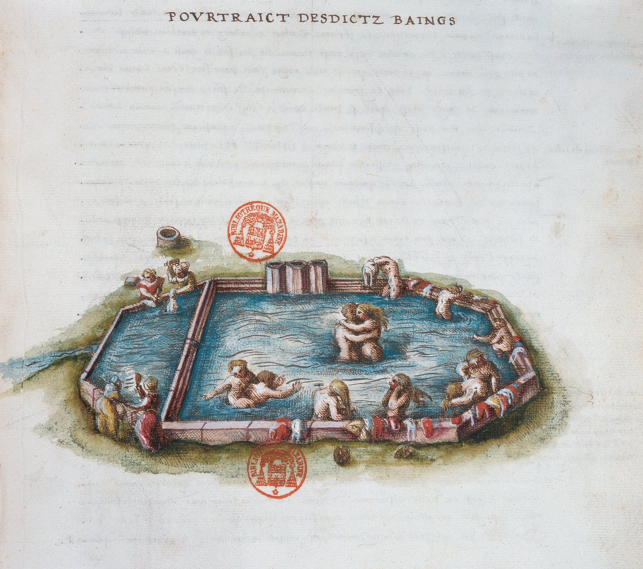 Ms 3243 The Baths of Bourbon lArchambaut, Auvergne, ilustrace z Generale Description du Bourbonnais od Nicolase de Nicolay, 1569 (wc na papíře) od French School