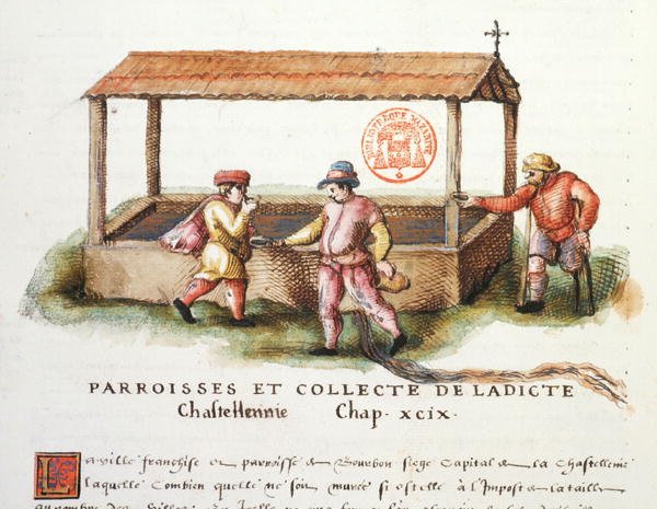 Ms 3243 Fontána Saint-Pardoux, Puy-de-Dome, ilustrace z „Generale Description du Bourbonnais“ od Nicolase de Nicolay od French School