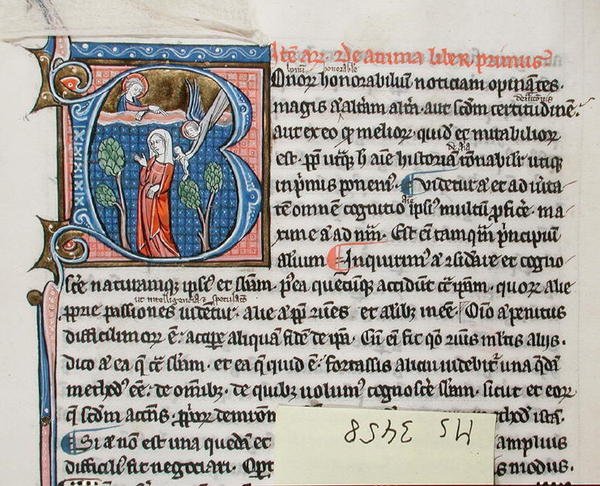 Paní 3458 Angel porodila dítě ženě, která se měla narodit, z „Fyziky“ Aristotela (pero, inkoust a tempera na pergamenu) od French School