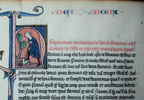 Ms 3458 Historická iniciála „H“ zobrazující muže kopajícího z „Fyziky“ od Aristotela (384–322 př. n. l.) (pero, inkoust a tempera na pergamenu) od French School