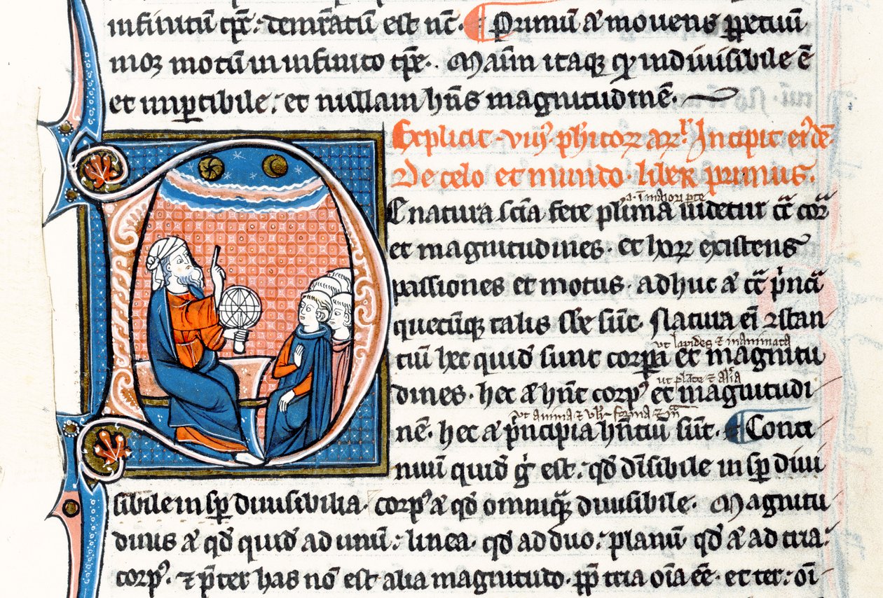 Ms 3458 fol 62vo Historická iniciála D znázorňující Aristotela držícího armilární kouli a ukazujícího k nebesům, když vyučuje skupinu duchovních ze západní Evropy (pero, inkoust a tempera na vellu od French School