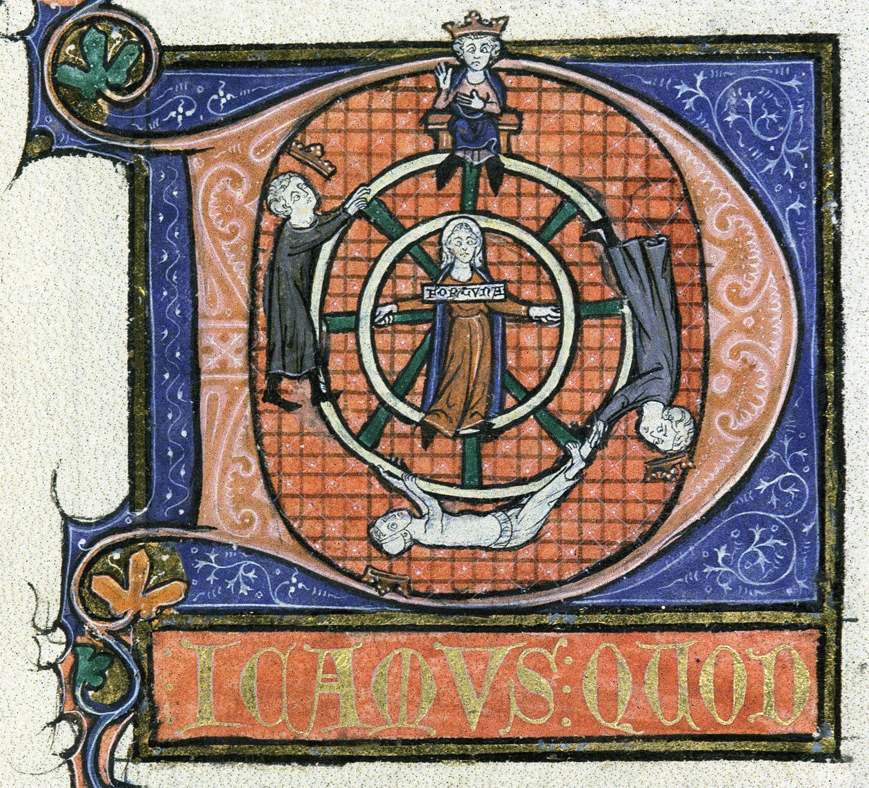 Ms 3469 fol. 38 Kolo štěstí, z „Fyziky“ od Aristotela, kolem 1280-85 (pero, inkoust a tempera na pergamenu) od French School